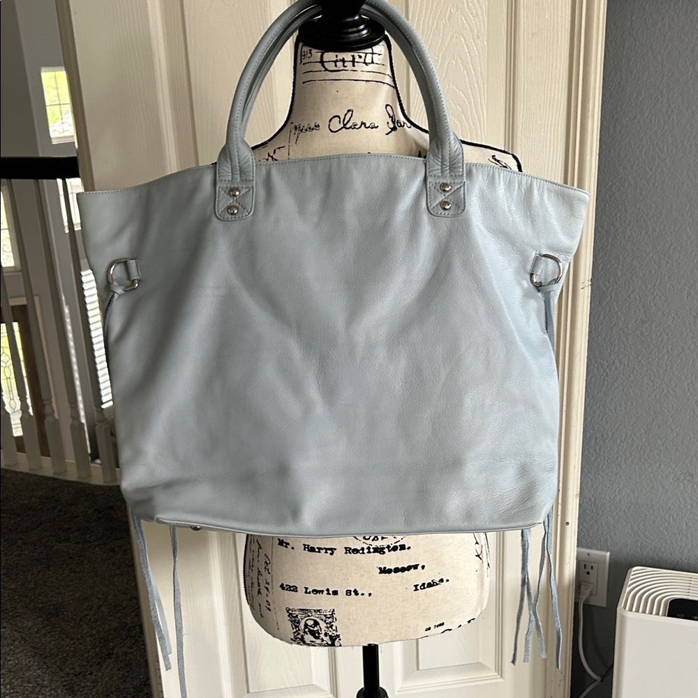 Tesse Light Blue Pebbled Leather Fringe Tote Bag Large Handbag Boho Style - Picture 4 of 4